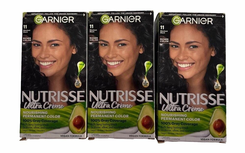 Garnier Nutrisse Ultra Creme Hair Color 11 Blackest Black Permanent Dye 3 Pack
